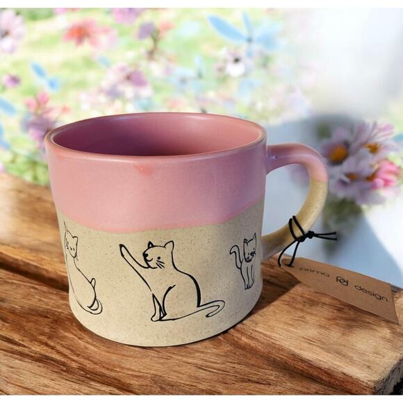 NEW Prima Pink and Stoneware Hand Painted Cat Mom Cats 16oz Coffee Tea Mug - Picture 1 of 3